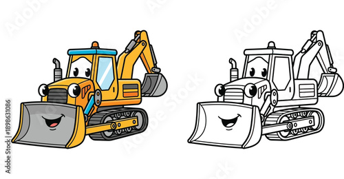 Cartoon bulldozer construction vehicle character. Coloring book page for kids with colored and outline version. Cute heavy machinery vector illustration.