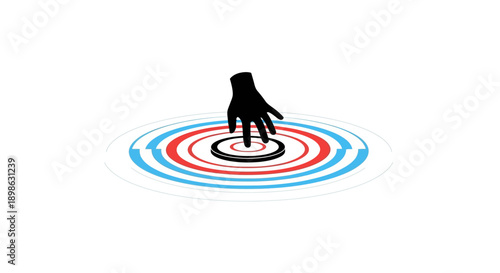 Digital Focus and Activation Icon. Silhouette Hand Pressing Target Button Generating Red and Blue Ripple Effect.
