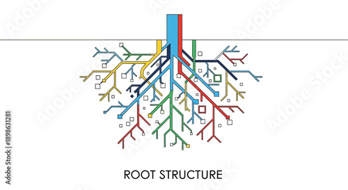Digital Root Structure Network Diagram. Multi-Colored Infrastructure Flow, Data Connections, and Foundation System.