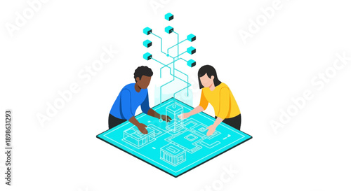 Smart City Planning and Architecture Development. Diverse Team Collaborating on Isometric Digital Blueprint, Data Visualization, and Urban Real Estate Technology.