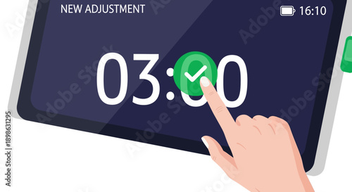 Setting Timer Adjustment: Hand Tapping Green Confirmation Button on Digital Clock App Interface