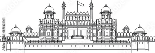 Detailed line art illustration of Red Fort Delhi historic Mughal architecture with domes and towers, black outline drawing isolated on white for travel, heritage and design use