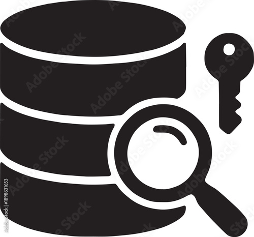 A cylindrical database storage icon examined by a magnifying glass, representing data querying, sql management, and information retrieval systems, clean vector lines