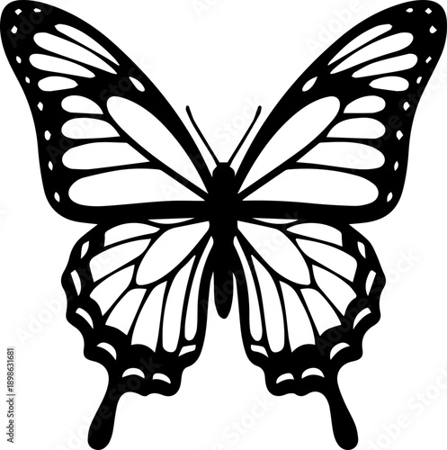 Detailed black silhouette of a monarch butterfly with delicate wing patterns on a white background