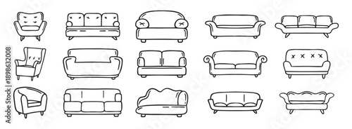 sofa and armchair doodle hand drawn icon set. luxury couch for apartment, comfort sofa models. Outline drawing sofa and armchair line clipart symbol collection