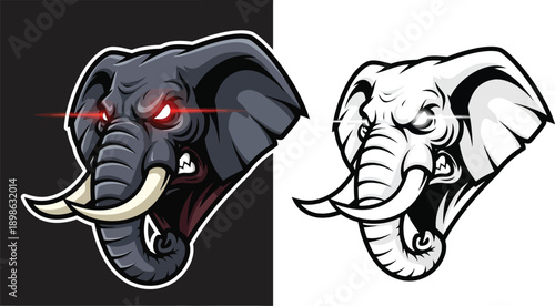 Aggressive elephant head mascot design in color with glowing red eyes and a black and white version.