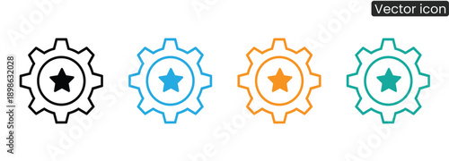 Modern gear icons with star symbols in black, blue, orange, teal colors for web and mobile app design
