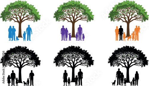 Family under tree illustration collection with parents children and pet, love care unity and nature concept silhouettes and colorful figures isolated on white background