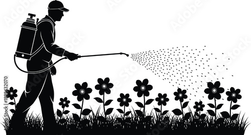 Black silhouette of gardener using pressure sprayer to apply pesticide or fertilizer on flower garden plants and lawn isolated on a white background