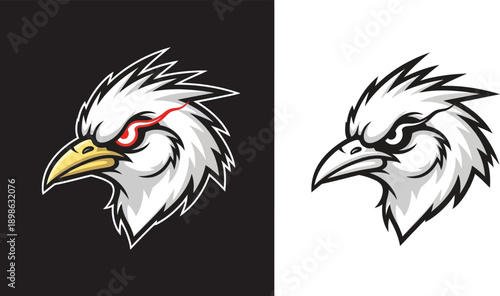 Aggressive white eagle or hawk head mascot logo design with red eye detail on a dark background, alongside a similar design on a light background.