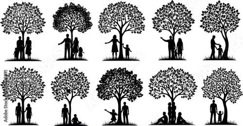Family silhouette collection with parents children under tree, love care childhood and nature concept illustration set isolated on white background