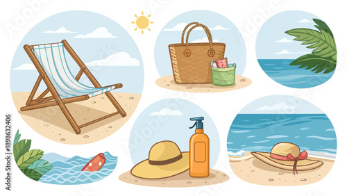 Beach vacation essentials in a sunny coastal setting