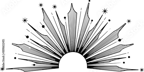 Celestial Sunburst Illustration with Stars and Radiant Rays, Mystical Sacred Geometry Style Graphic for Esoteric or Spiritual Design