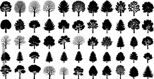 Fifty diverse black tree silhouettes in grid layout showcasing botanical variety and structure – flavector