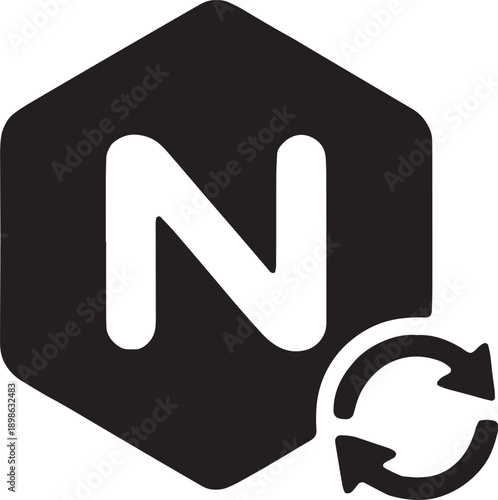 A hexagonal nut shape emblazoned with a bold letter N and recycle arrows, symbolizing the Node.js JavaScript runtime environment and event loop, black bold lines