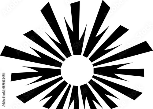 Abstract black sunburst icon with sharp irregular rays, bold graphic design element for impact and energy concepts.