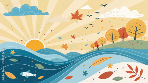 Serene autumn landscape with river and vibrant falling leaves