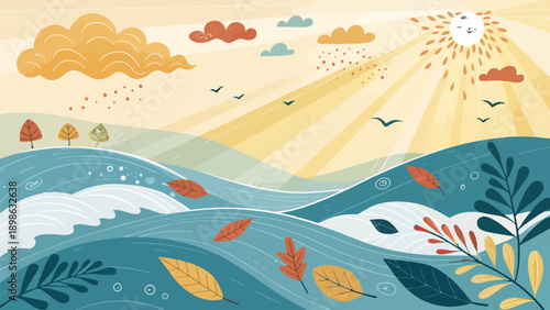 Vibrant autumn landscape with sun rays shining over wavy ocean and hills