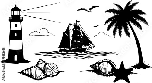 Nautical Beach Themed Illustration Collection with Lighthouse Ship Palm Tree and Shells
