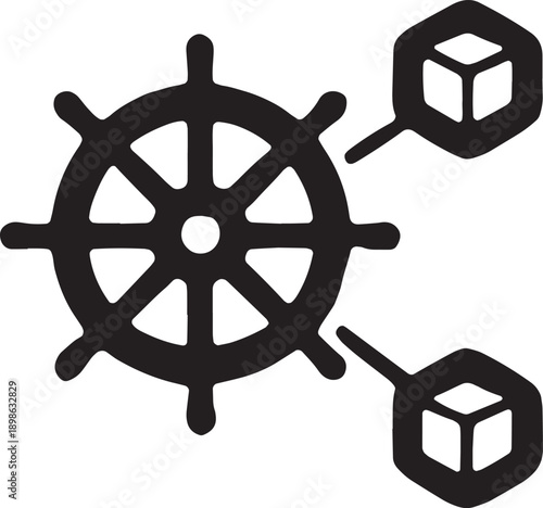 A ship's steering wheel connected to multiple cubes, representing the orchestration, management, and navigation of containerized applications, distinct vector style