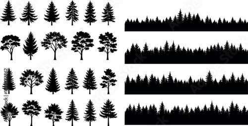 Forest tree silhouettes set with conifer and deciduous species, woodland horizon borders, black vector illustration isolated on white for landscape, maps and design projects