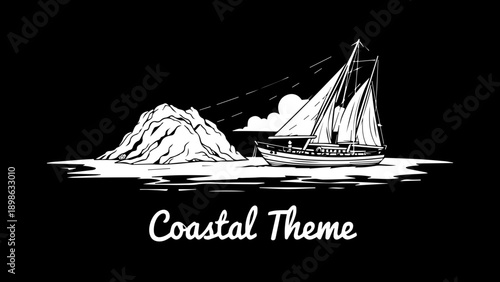 Coastal Theme Illustration Featuring a Traditional Sailing Boat and Rocky Island in White Ink Style