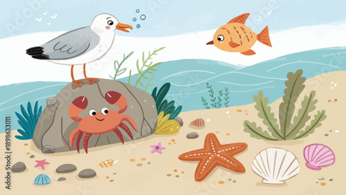 Seagull standing on rock with crab and fish in ocean scene