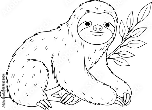 Cute Sloth Holding a Leafy Branch Hand Drawn Line Art Illustration for Coloring Book