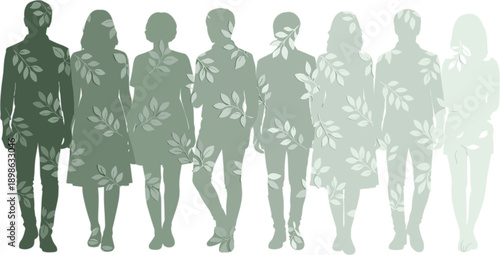 "Human silhouettes filled with leafy green patterns, gradient nature inspired design symbolizing growth, environment, unity, sustainability, and eco art"