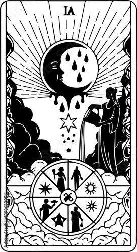 Mystical Tarot Card Illustration with Moon Goddess and Wheel of Fortune Symbols