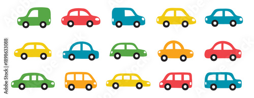 colorful cars set. Cute icons collection hand drawn doodle style for design of children kids room, clothes, fabric