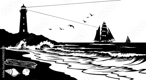 Dramatic Coastal Scene with Lighthouse, Breaking Waves, and Historic Tall Ship