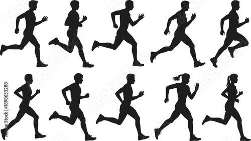 Collection of black male and female runner silhouettes in various dynamic poses capturing the essence of speed and athletic training