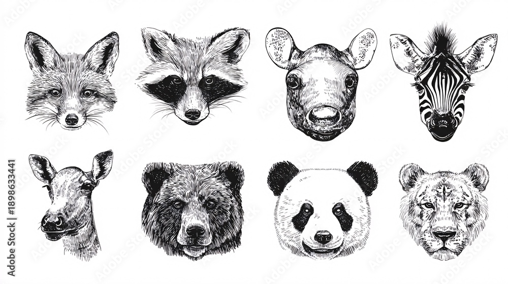 Obraz premium Black and White Sketches of Various Wild Animal Heads on White Background