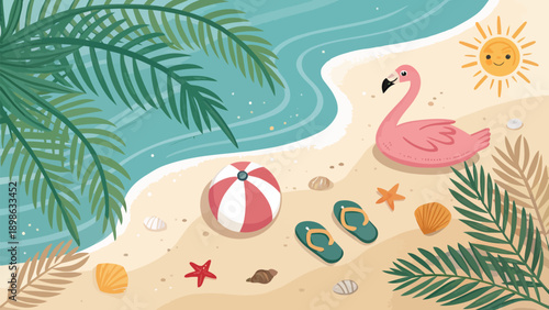 Vibrant beach scene with flamingo and palm trees by serene ocean