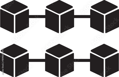 A distributed network of cubes linked by chains, symbolizing decentralized ledgers, crypto technology, and web3 infrastructure, clean bold lines