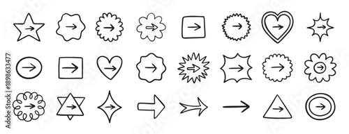 Cute arrow in frame set for bullet journal doodle hand drawn icon set. Diary note arrow elements in the shape of flower, star, heart, circle.