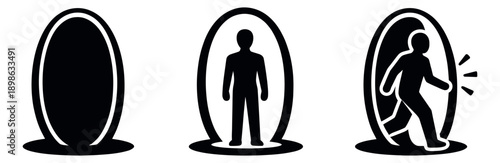 Line art portal icons set featuring an empty gateway, a person inside, and a person exiting for science fiction concepts