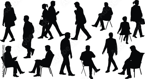 Collection of diverse people in silhouette engaged in various activities like walking sitting and interacting against a white background representing daily life