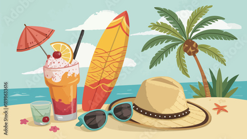 Summer vacation setup with refreshing drink on sandy beach