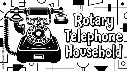 Vintage Rotary Telephone Household Object Retro Black White Background Vector Illustration
