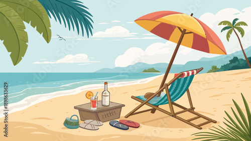 Relaxing beach scene with colorful umbrella and refreshing drinks