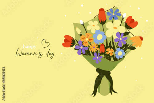 A postcard, poster, banner, or flyer with a Women's Day greeting. A simple spring bouquet design. Bright colors, congratulatory text