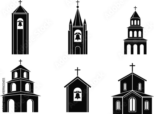 Black church bell tower silhouette set featuring Christian chapel architecture, religious buildings, and cathedral icons in clean vector illustration isolated on white background