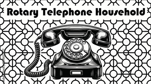 Vintage Rotary Telephone Household Object Retro Black White Background Vector Illustration
