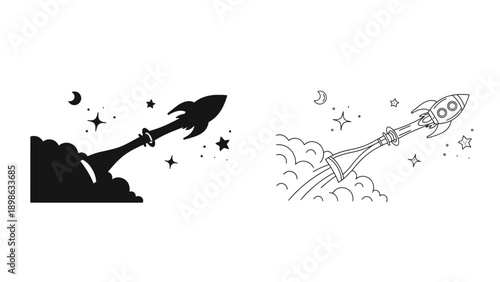 A rocket ship blasts off into the night sky with stars and clouds