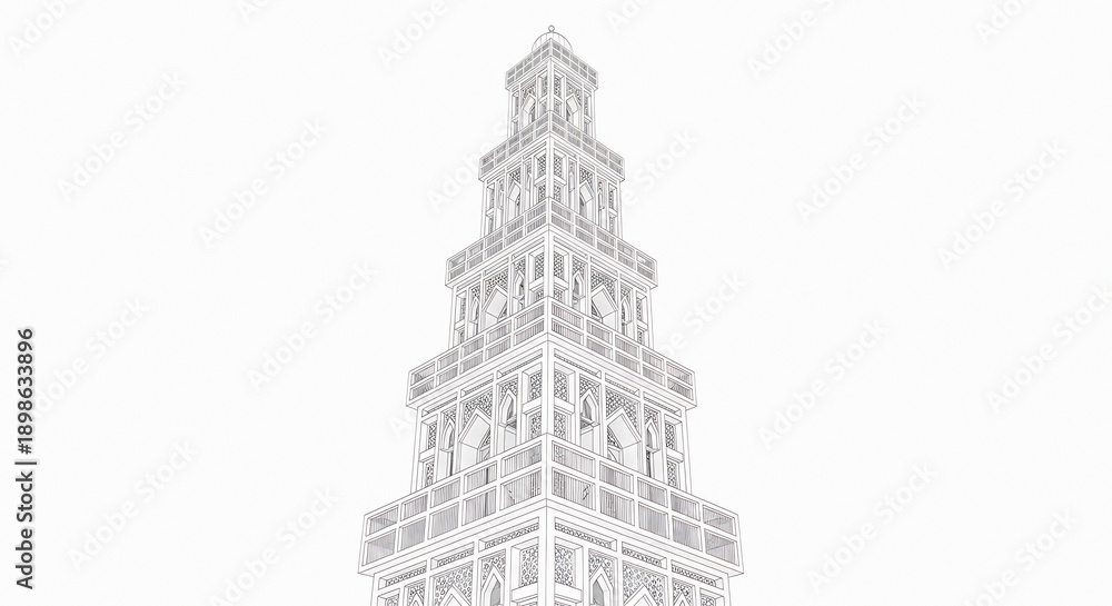 Obraz premium Detailed illustration of a tall, intricately designed tower viewed from below, showcasing architecture and structure