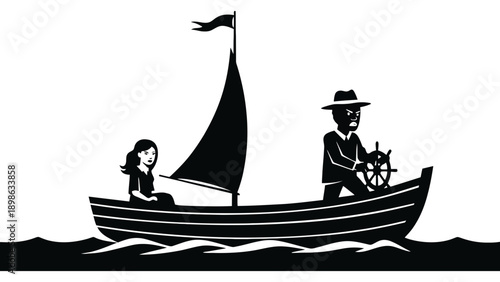 Man steers boat with woman as companion across wavy water under sail