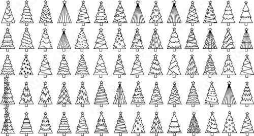 Hand drawn Christmas tree icon collection in simple black line art style, festive holiday fir illustrations for winter decoration, greeting cards, patterns and vector design projects