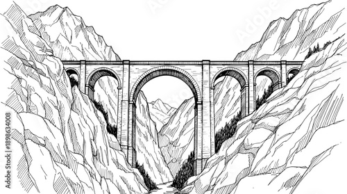 Stone arch bridge illustration, black and white sketch, mountain valley architecture, rugged terrain, civil engineering drawing, natural landscape harmony, structural design concept